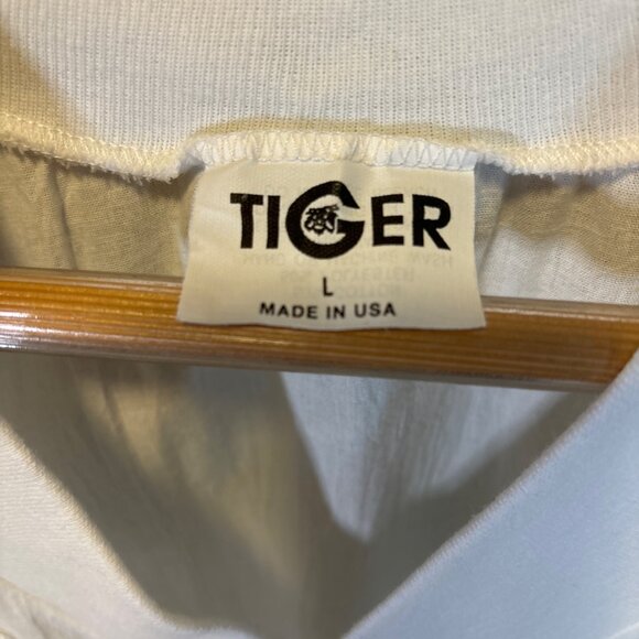 Vintage 90s Tiger White Lace Trim V Neck Top Sz L Banded Hem Sleeve Cuffs Beachy - Picture 5 of 8